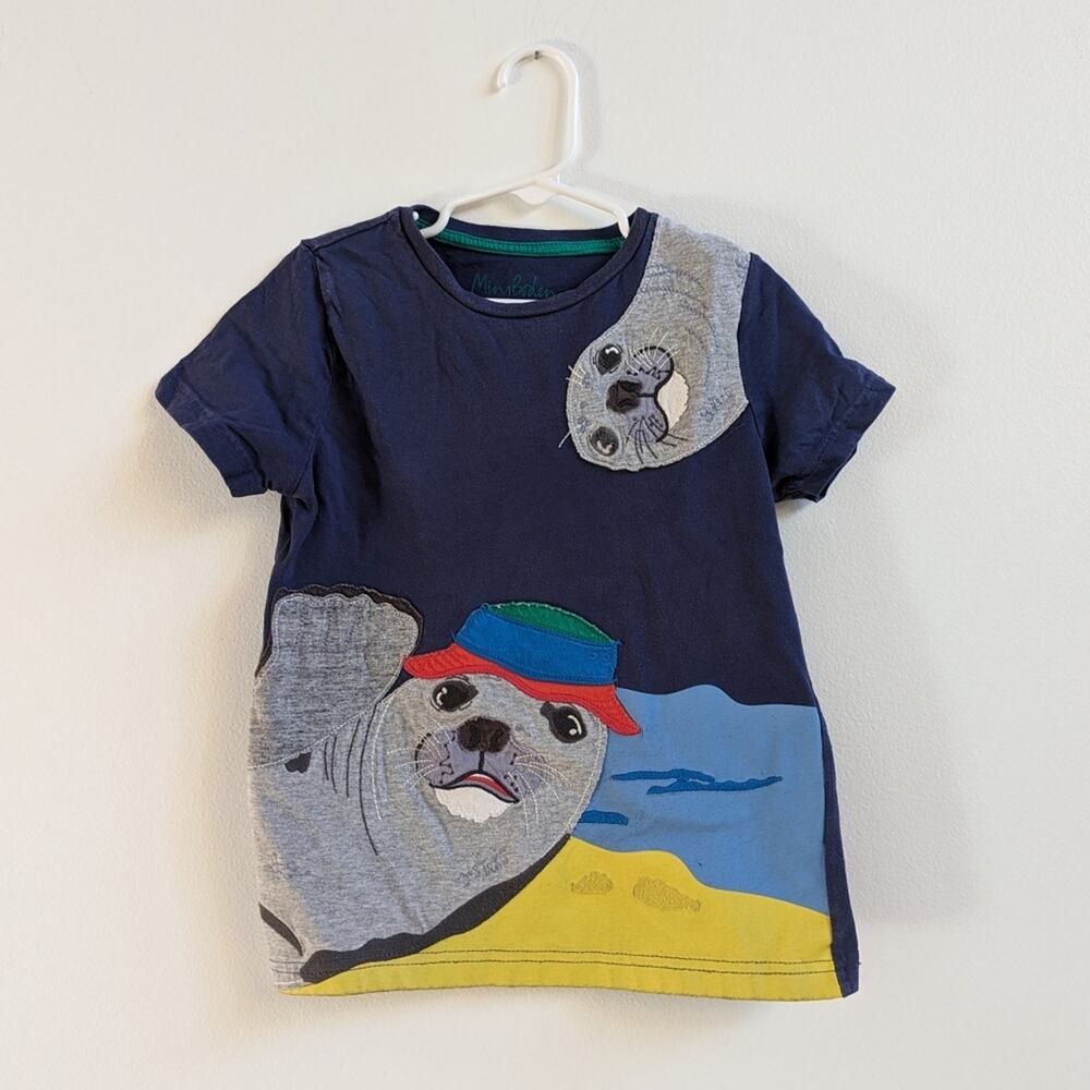 Mini Boden T-shirt Boys Sz 5-6y Navy Seal Applique Beach